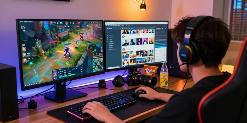 Permainan Natunatoto yang seru dengan gamer fokus di depan layar dan peralatan gaming lengkap.