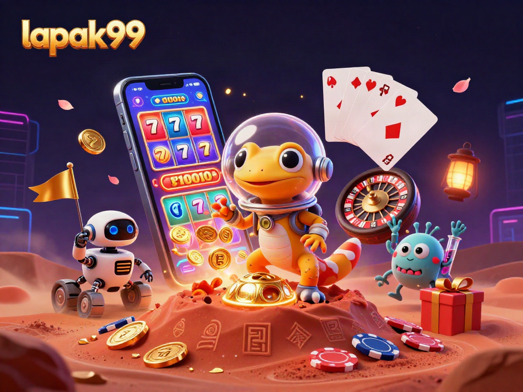 Experience lapak99 with an exciting cartoon scene of a Martian gecko discovering a casino.