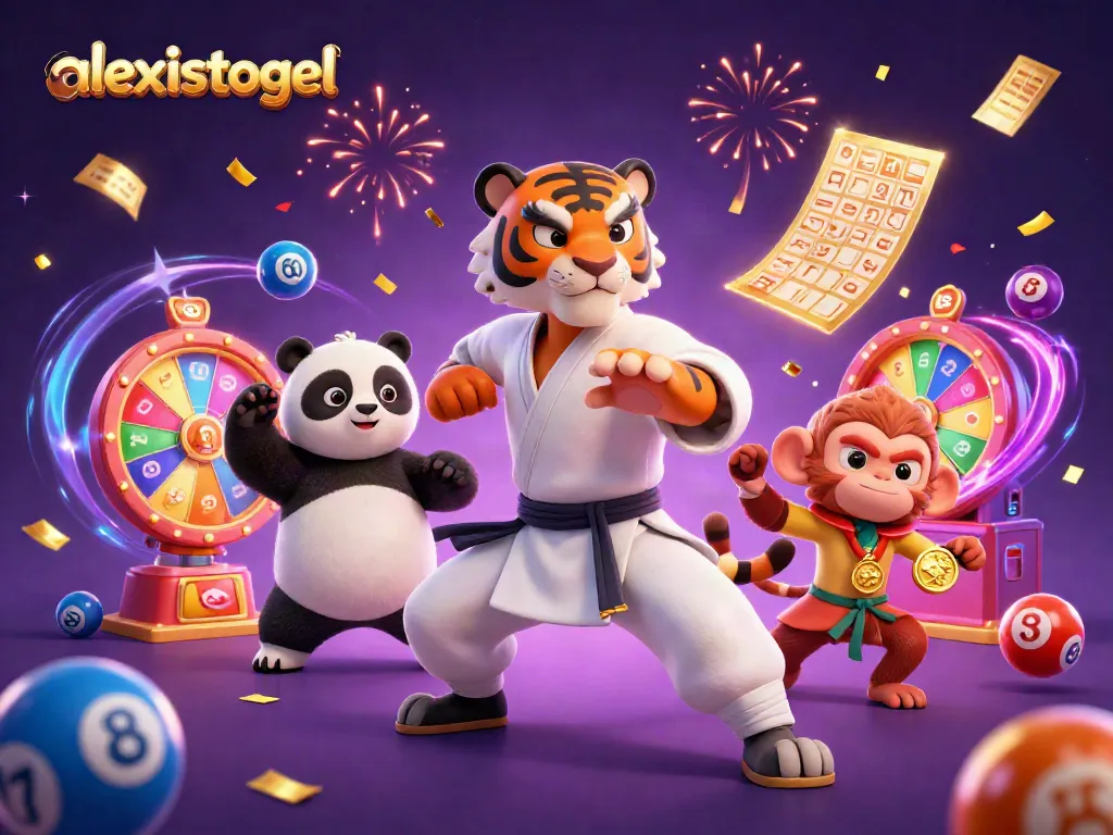 Dalam ilustrasi 3D, alexistogel terlihat dengan karakter harimau kung fu melakukan pose sambil dikelilingi bola lotre berwarna-warni dan tiket keemasan.
