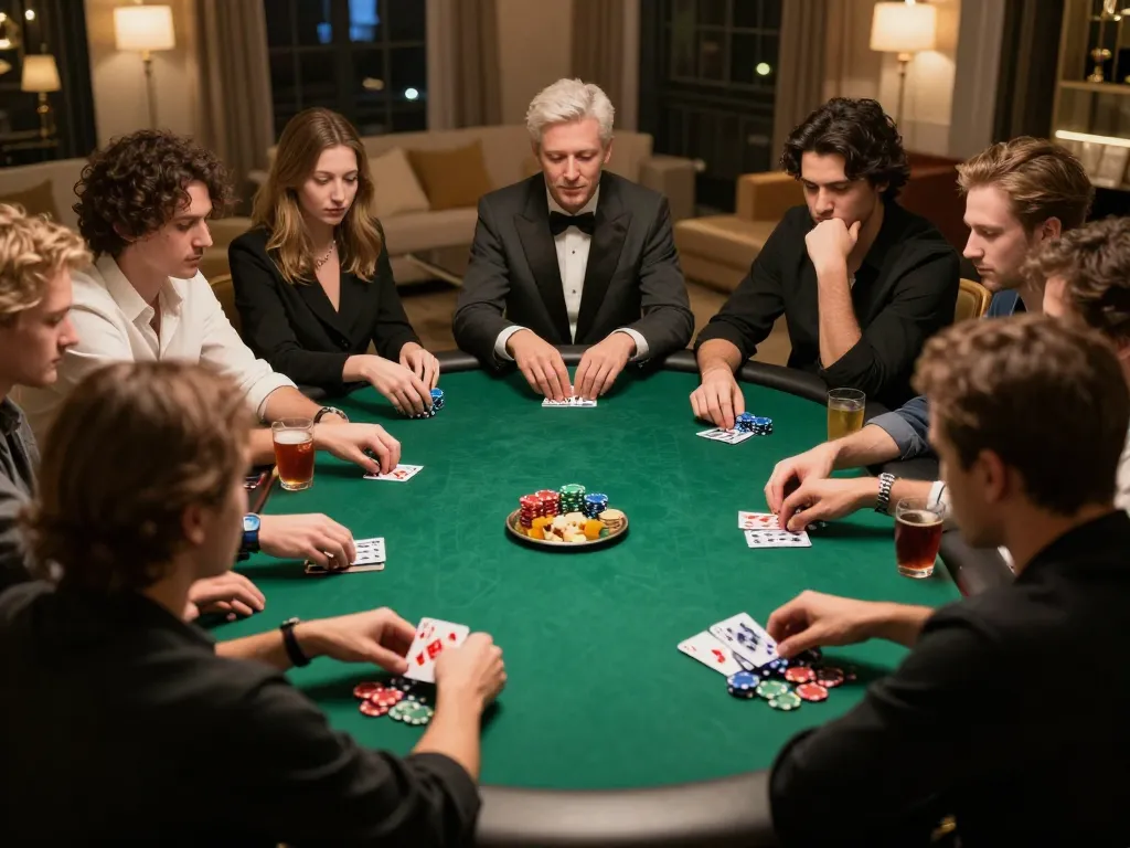 kp88 poker enthusiasts enjoying a strategic game night with vibrant chips and drinks.