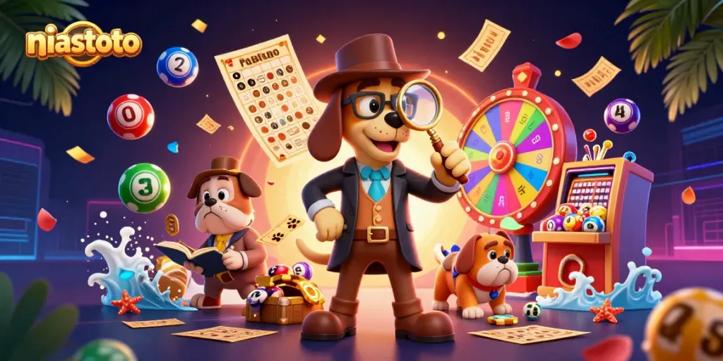 Experience niastoto excitement with a cartoon dog detective uncovering poker secrets amid vibrant gambling elements.