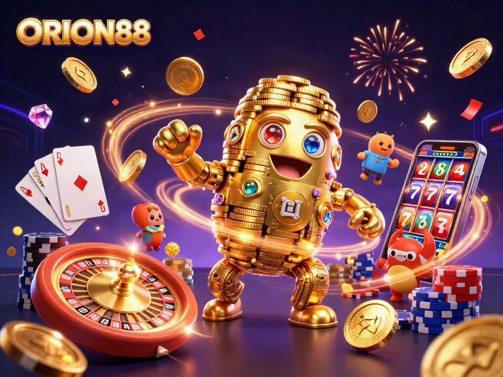Spin the reels and win big with ORION88's vibrant casino adventure illustration.