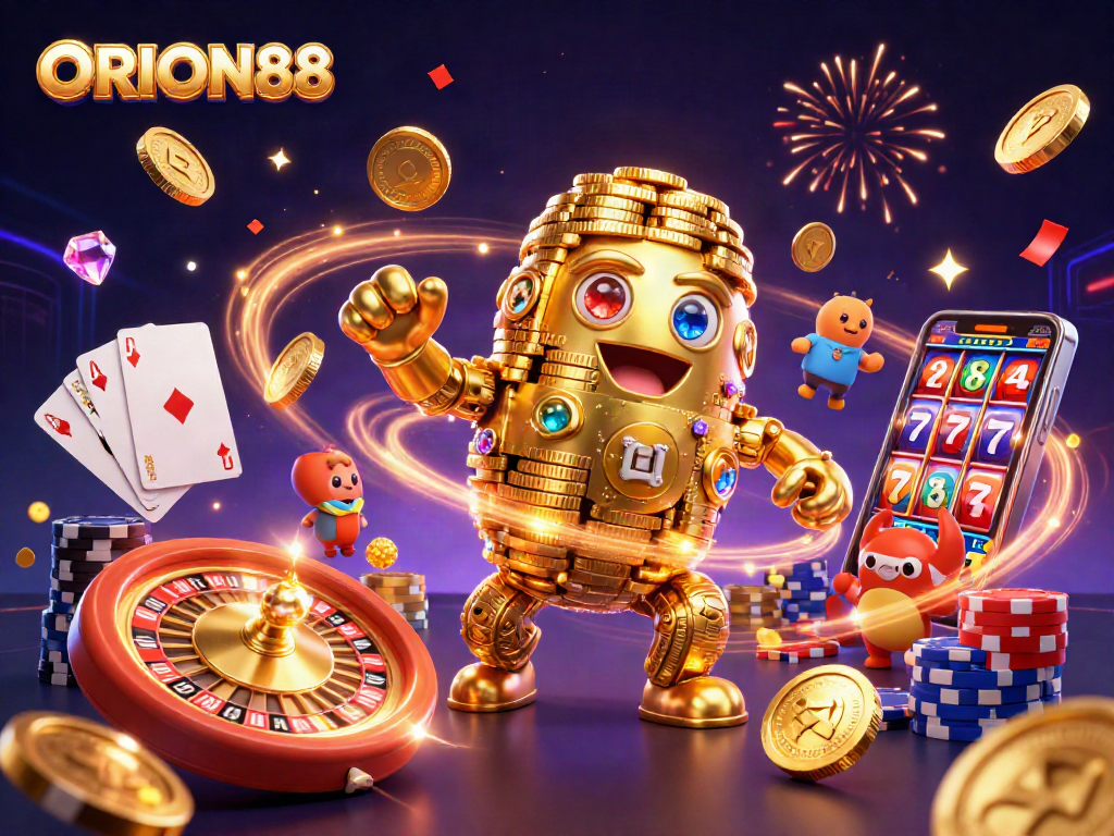 Spin the reels and win big with ORION88's vibrant casino adventure illustration.