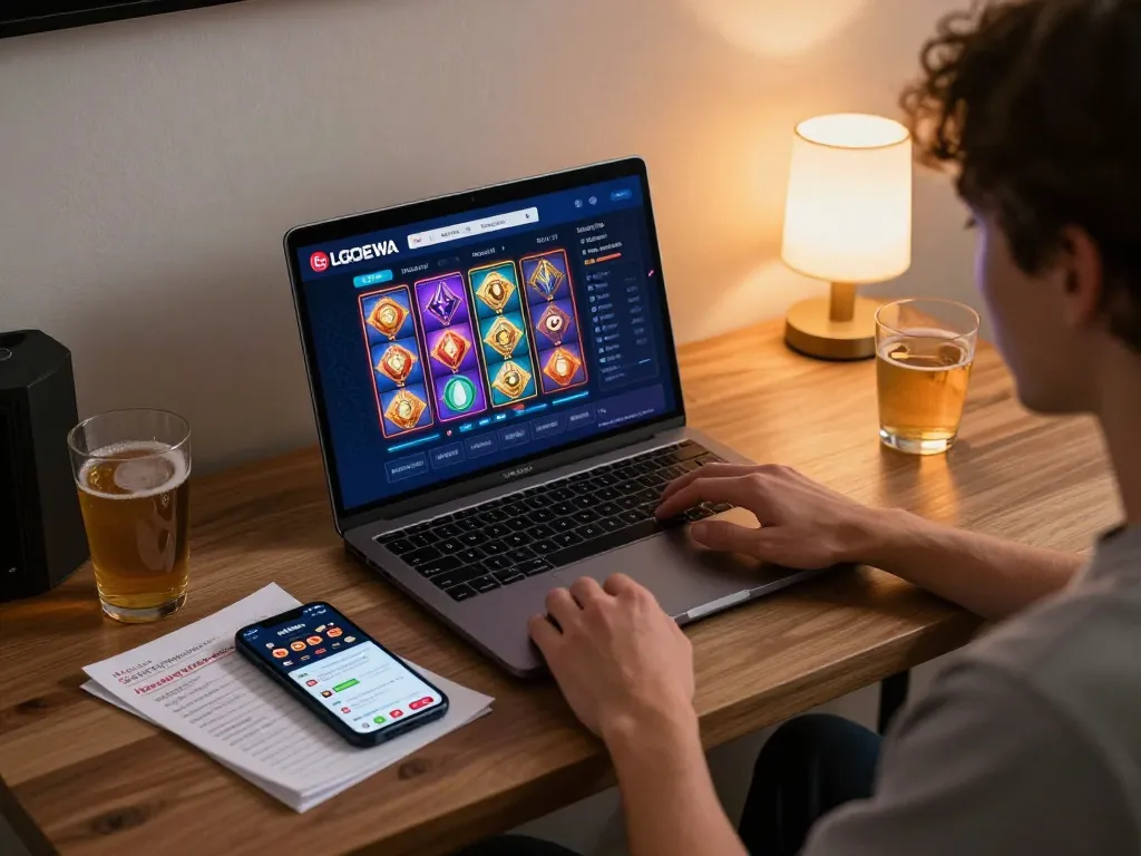 Engaging gameplay on LGODEWA online slot interface at a cozy home desk, showcasing responsible gaming