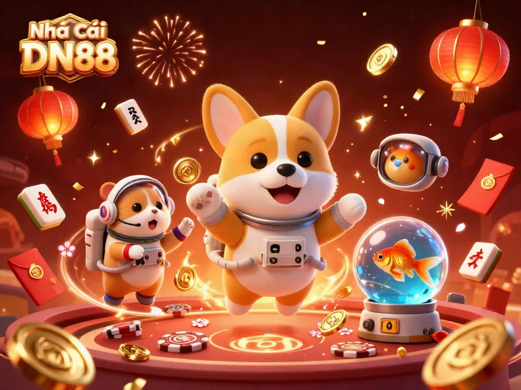 Engage in thrilling gaming action at Nhà cái DN88 with colorful casino elements and festive backgrounds.