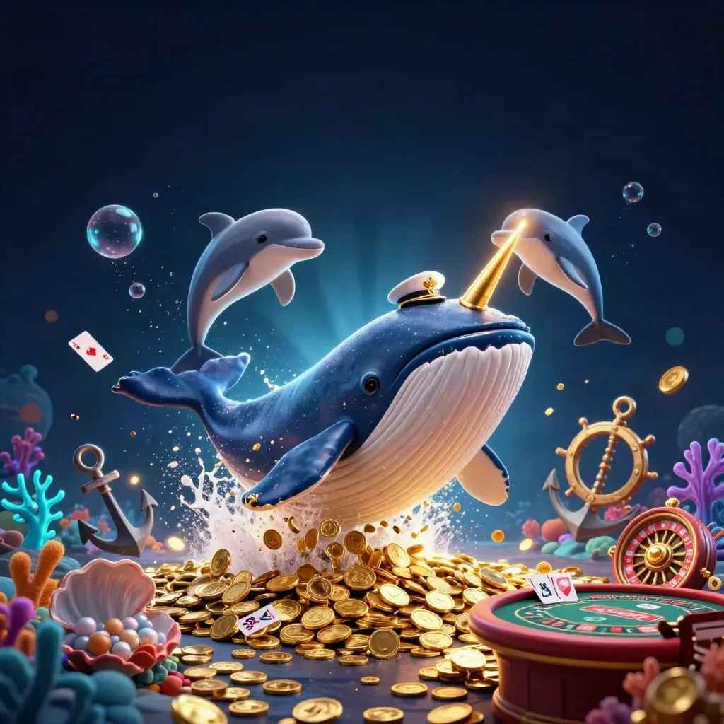 Paus kapten raksasa, narwhal, dan lumba-lumba di lautan koin emas dengan cahaya neon.