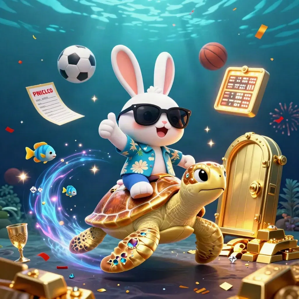 Kelinci kartun di penyu emas, bola dan efek harta kasino meledak di bawah air.