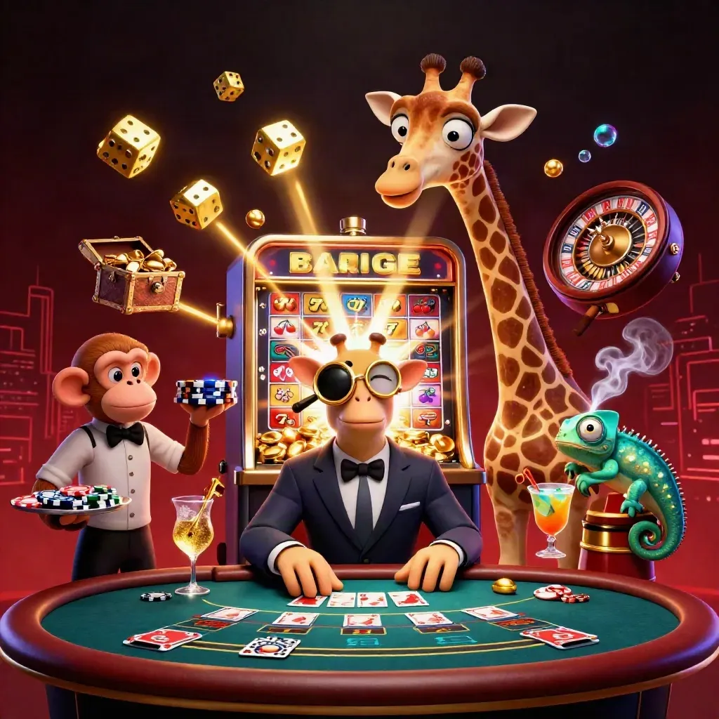 Jerapah kasino, monyet pelayan, dan kadal bartender di ruangan live casino mewah penuh cahaya emas.