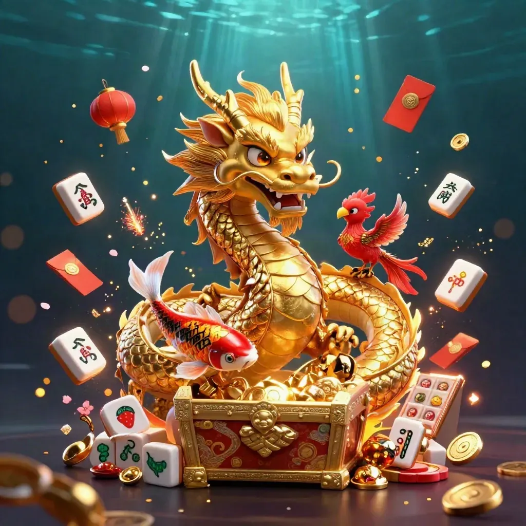 Naga emas, phoenix merah, dan koi di tengah ledakan harta neon.