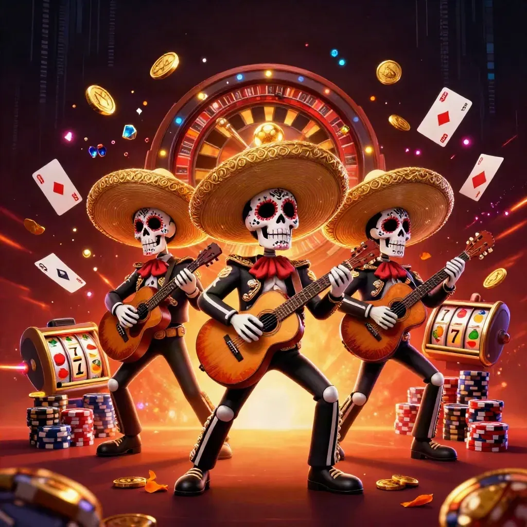 Tiga skeleton mariachi emas dikelilingi koin, permata, roda roulette, dan kilau neon.