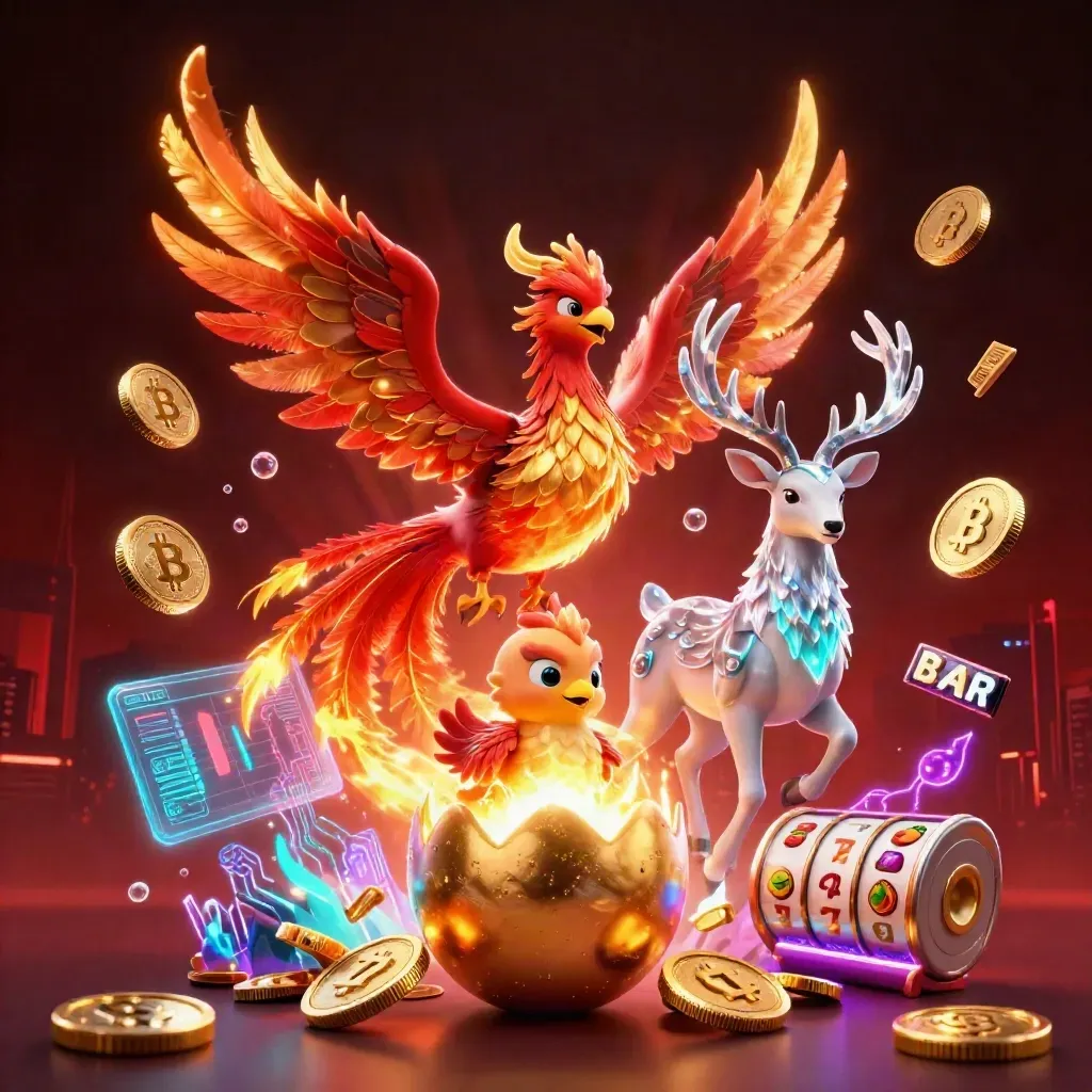 Phoenix, rusa kristal, dan anak phoenix di antara koin kripto, kilat neon, dan reruntuhan kasino.