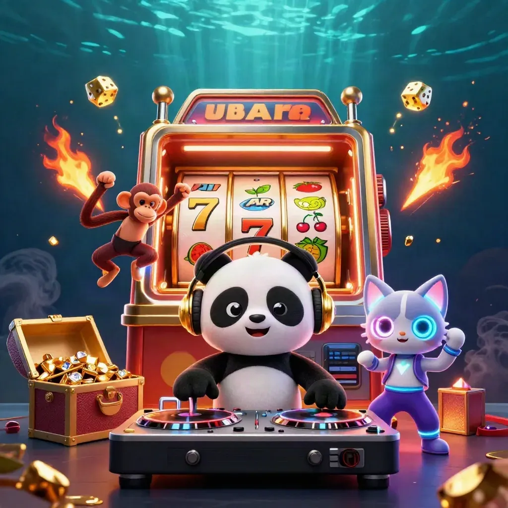 Gambar kunci game kasino: panda DJ, monyet breakdance, dan kucing glow-stick di tengah ledakan jackpot.