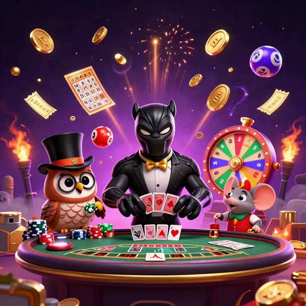 Harimau, burung hantu, dan tikus kasino dikelilingi koin emas, roda hadiah, dan cahaya neon.