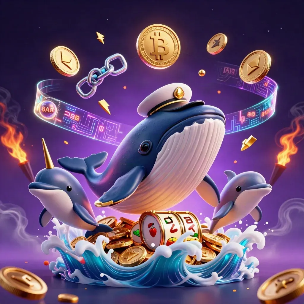 Paus kapten kartun raksasa bersama narwhal dan lumba-lumba di tengah koin, efek petir neon