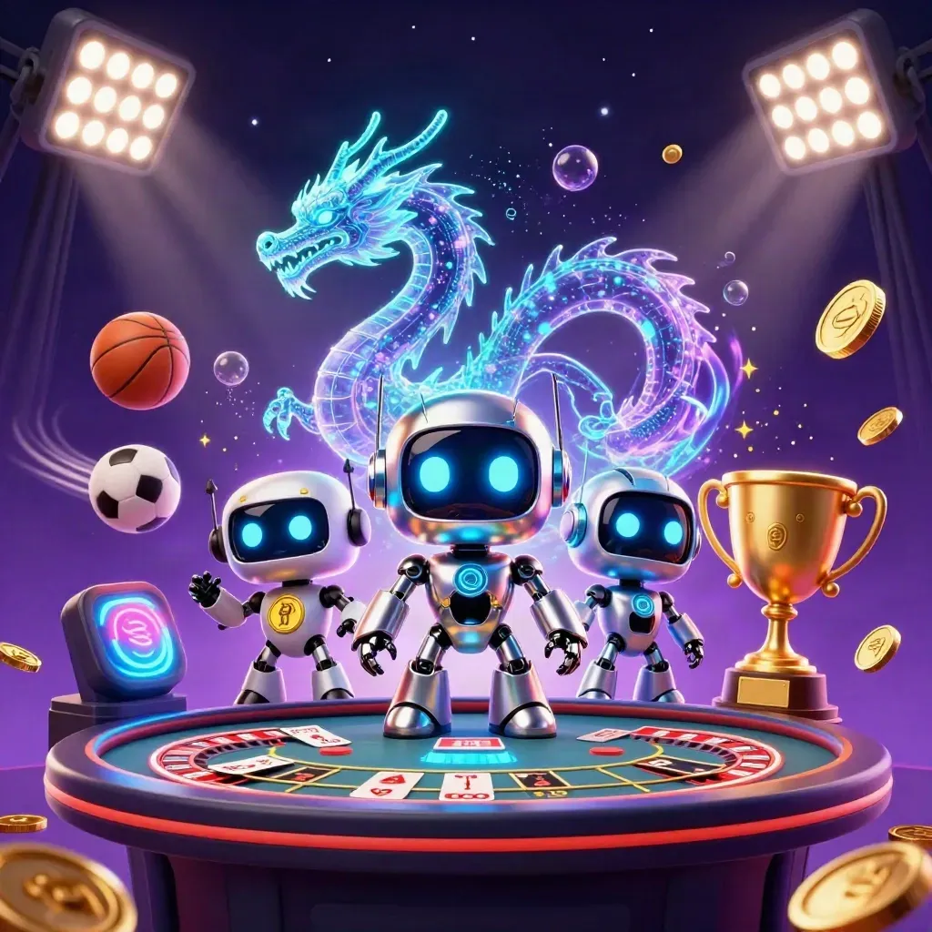 Robot cyberpunk, naga hologram, drone koin, dan efek kasino neon emas di latar ungu gelap.