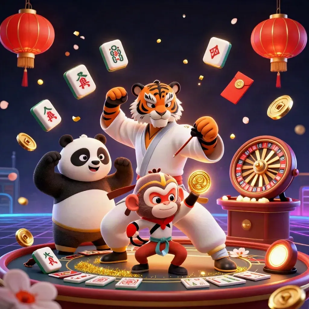 Harimau kung-fu, panda, dan monyet berebut medali emas di cahaya neon kasino.