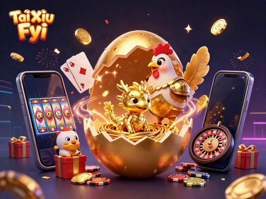 Engage in thrilling gameplay with Tài Xỉu Fyi, showcasing a vibrant 3D scene with golden elements and casino games.