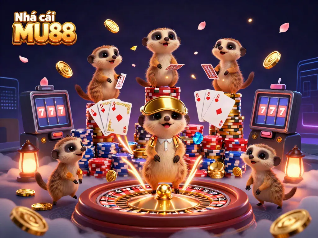 Experience the thrill at Nhà cái MU88 with a whimsical meerkat casino scene packed with vibrant games.
