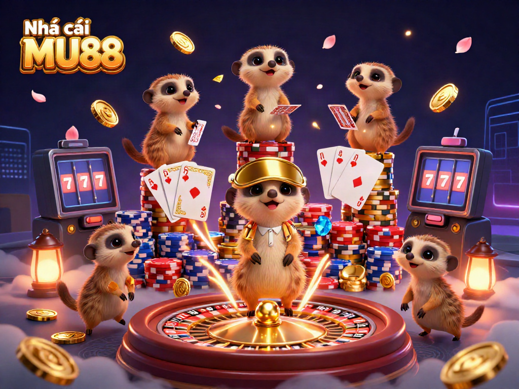 Experience the thrill at Nhà cái MU88 with a whimsical meerkat casino scene packed with vibrant games.