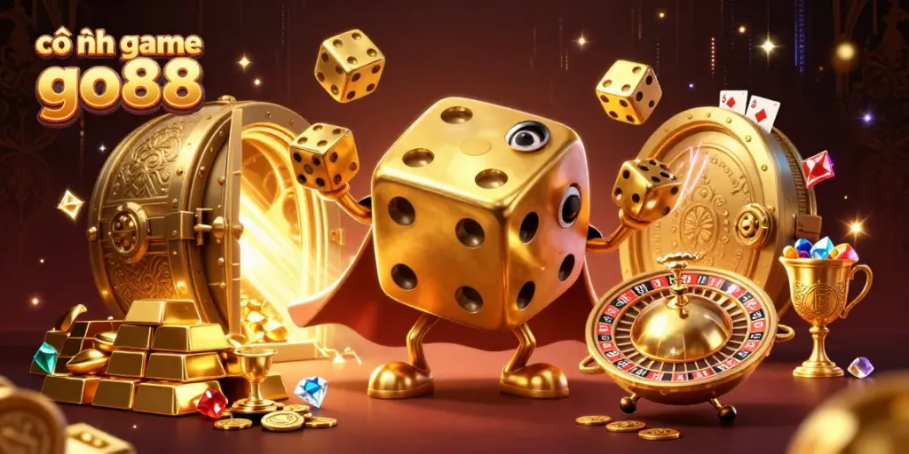 Experience the excitement at cổng game go88 with the dynamic golden dice golem and gem treasures.