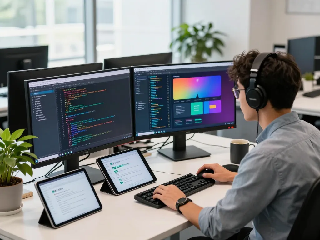 Engaging tech workspace showcasing crush ai innovation with vibrant coding on dual monitors.