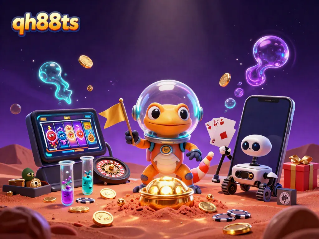 Experience qh88ts with a Martian gecko uncovering a hidden casino amidst alien festivities.
