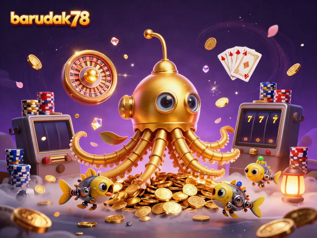 Gambaran aksi dari barudak78 dengan kraken emas dan koin bertaburan dalam dunia kasino.