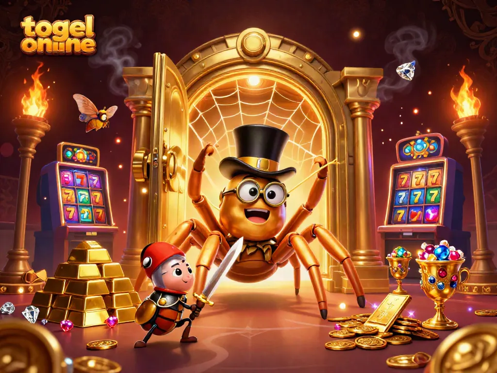 Permainan togel online menampilkan laba-laba emas raksasa dan ksatria beetle dalam ilustrasi 3D yang kaya detail.