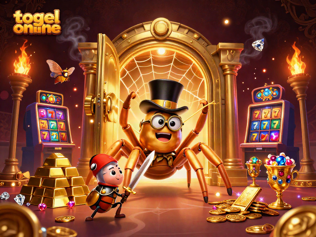 Permainan togel online menampilkan laba-laba emas raksasa dan ksatria beetle dalam ilustrasi 3D yang kaya detail.