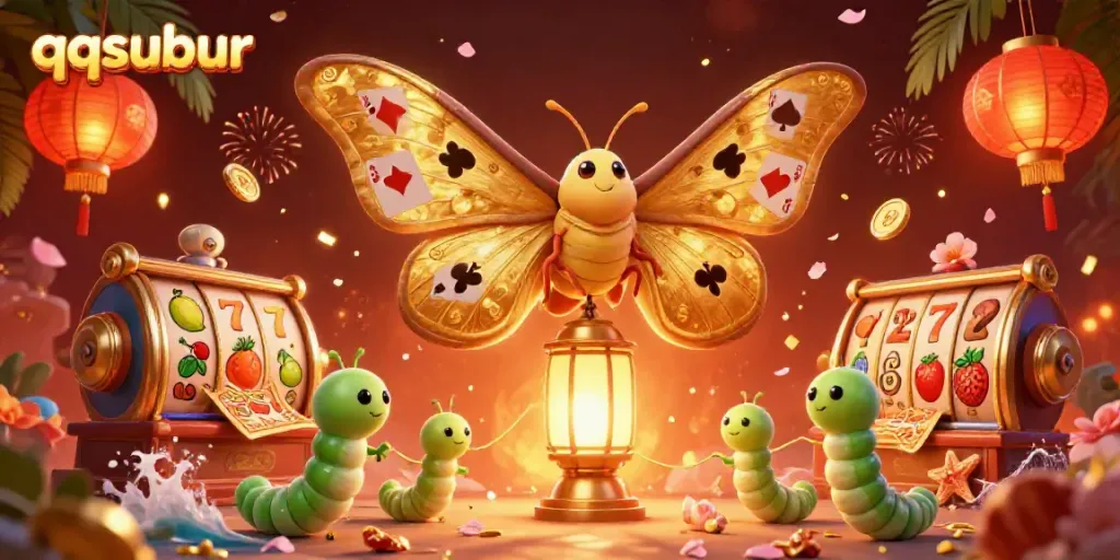 Experience the vibrant qqsubur casino scene with a golden moth, slot reels, and celebratory elements.