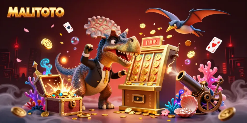MALITOTO showcases an exciting 3D scene with a cartoon dinosaur winning a jackpot from a slot machine.