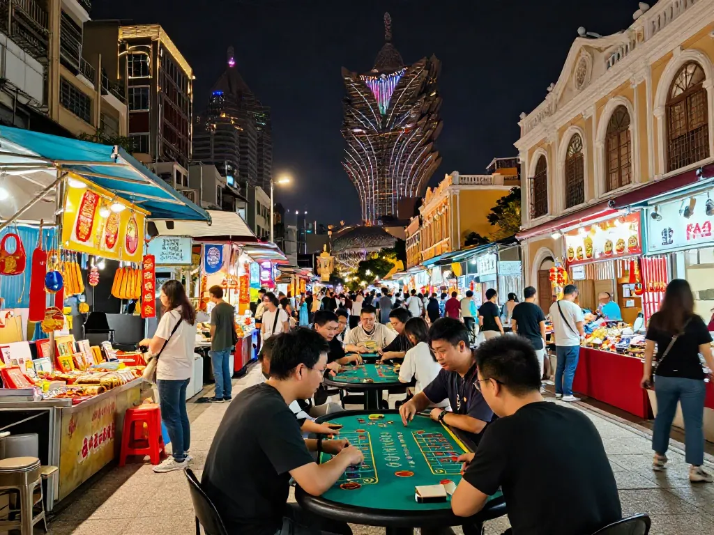 Data Macau yang penuh warna dalam suasana pasar Macau yang ramai dengan orang-orang berdiskusi tentang taruhan.