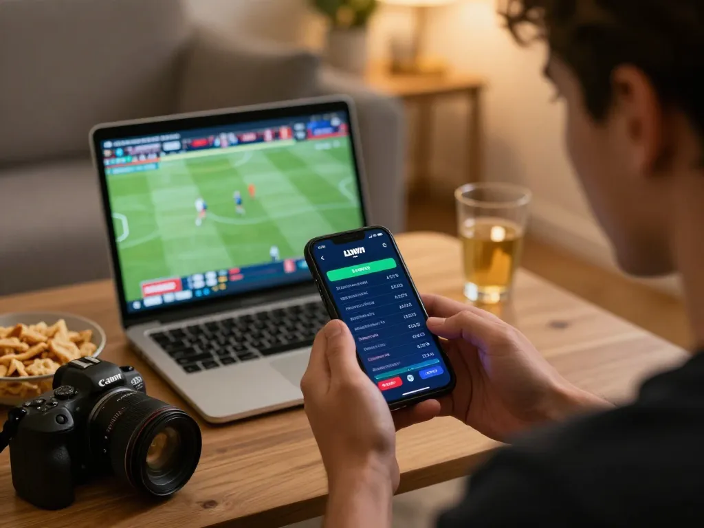 LLWIN player actively placing bets on sports events with smartphone in hand and laptop streaming matches.
