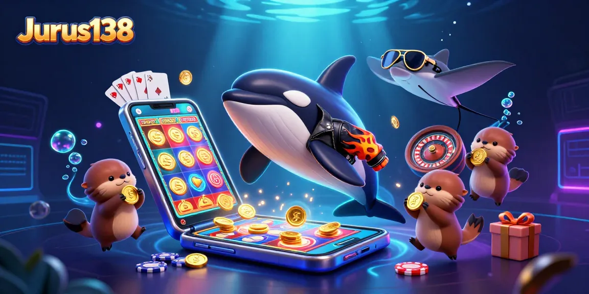 Jurus138 showcases an energetic scene with a 3D cartoon orca and friends celebrating casino wins
