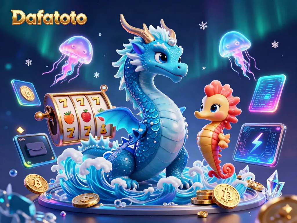 Dafatoto menghadirkan permainan slot dengan dragon 3D dan kuda laut berani di latar laut berkilauan.