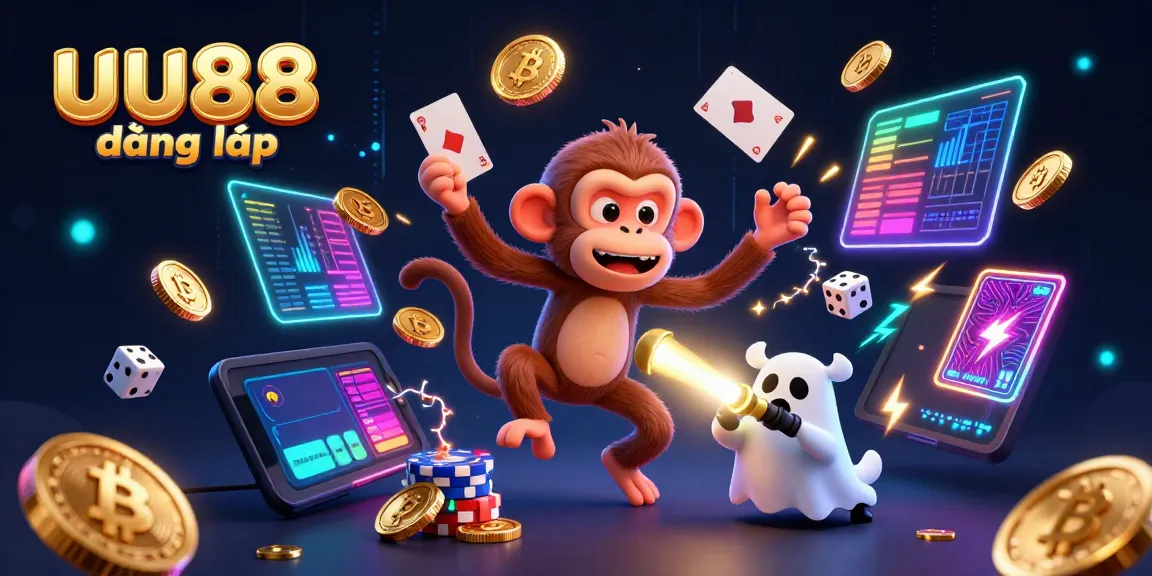 Experience the thrill of uu88 đăng nhập as a ghost-hunter puppy tracks a mischievous monkey juggling golden casino coins and crypto elements.