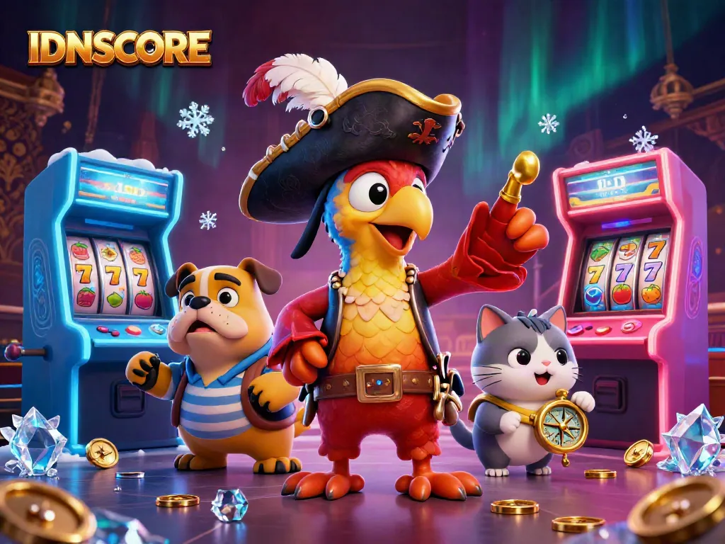 Engage with IDNSCORE through dynamic casino-themed 3D illustration featuring lively characters and gaming elements.