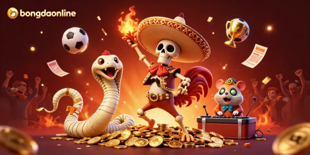 Bongdaonline showcases a festive celebration of sports betting with a lively skeleton mariachi rooster and dynamic visual elements.