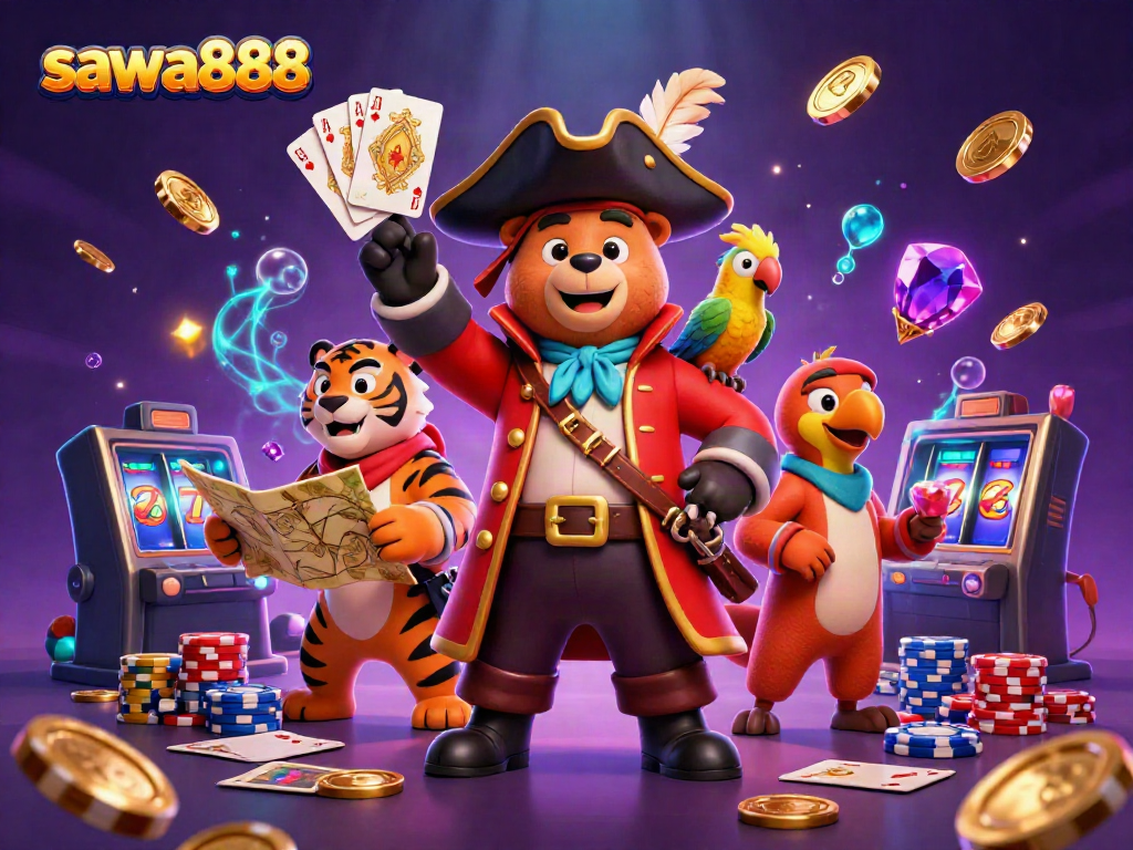 Experience thrilling gameplay with sawa888, featuring a pirate bear captain and tiger amidst casino excitement.