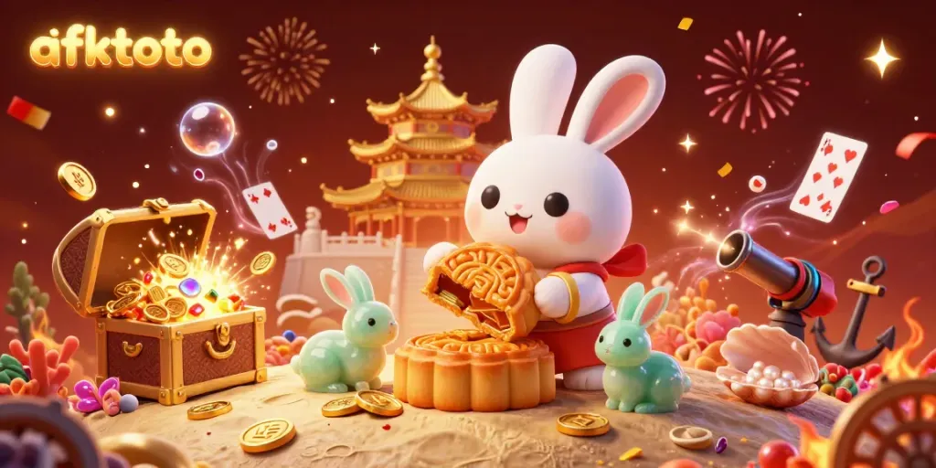 Engage in exciting gameplay with afktoto’s enchanting 3D casino scene featuring playful moon rabbits and vibrant game elements.