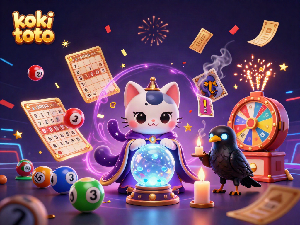 Permainan togel 4D di koki toto, dikelilingi bola lotre berwarna dan kartu bingo, menciptakan suasana meriah.