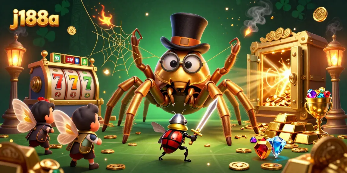 Engage with j188a and a whimsical scene featuring a giant golden tarantula and a brave beetle knight amidst vibrant casino elements.