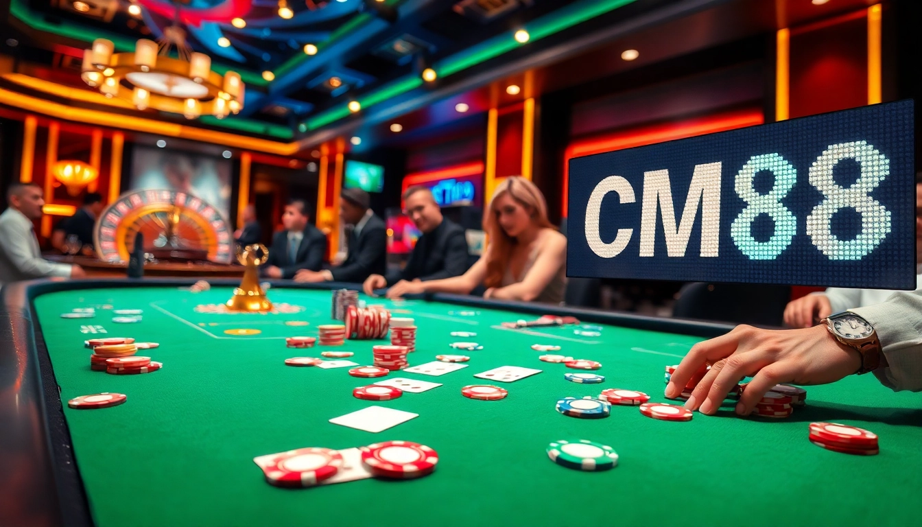 Players enjoying poker at a luxurious table in a casino, highlighting CM88 for an exciting gambling experience.
