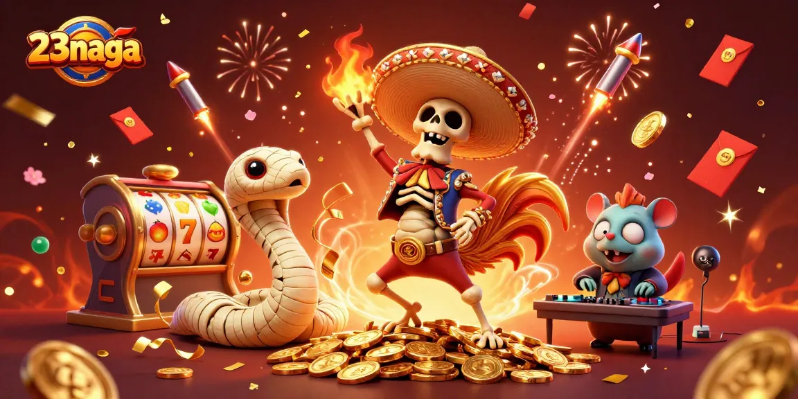23naga menang dengan skeleton mariachi dan simbol slot yang mengelilinginya.
