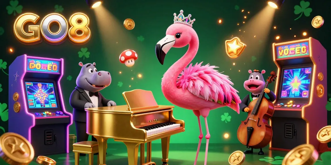 Play slots and win at GO8 with a vibrant casino-themed illustration featuring a flamingo singer and hippo bassist.