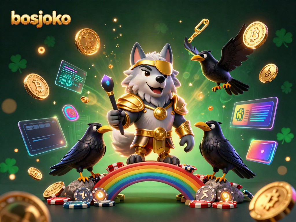 Experience the thrilling universe of bosjoko with Odin and mythical ravens amidst glowing coins and casino chips.