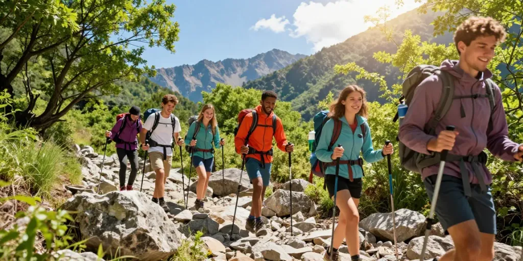 Kelompok teman menikmati petualangan hiking di pecah25, dikelilingi pemandangan pegunungan yang indah.