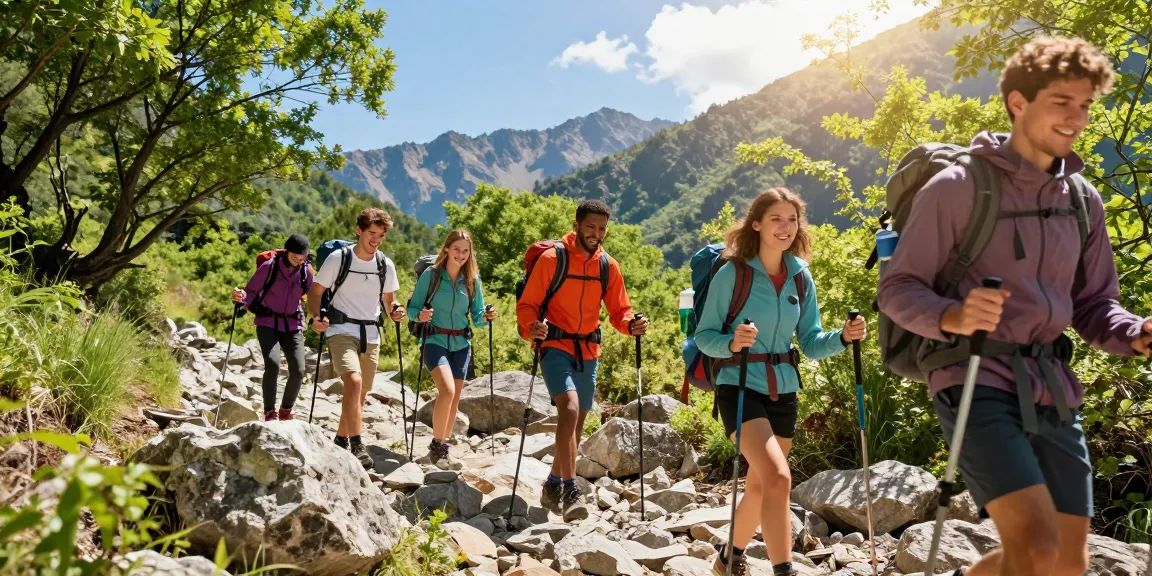 Kelompok teman menikmati petualangan hiking di pecah25, dikelilingi pemandangan pegunungan yang indah.