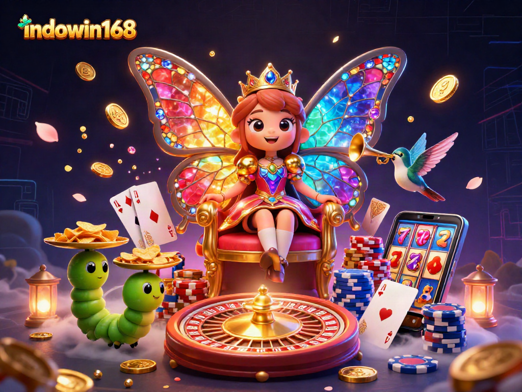 Engage with indowin168's vibrant 3D casino scene filled with colorful gaming elements.