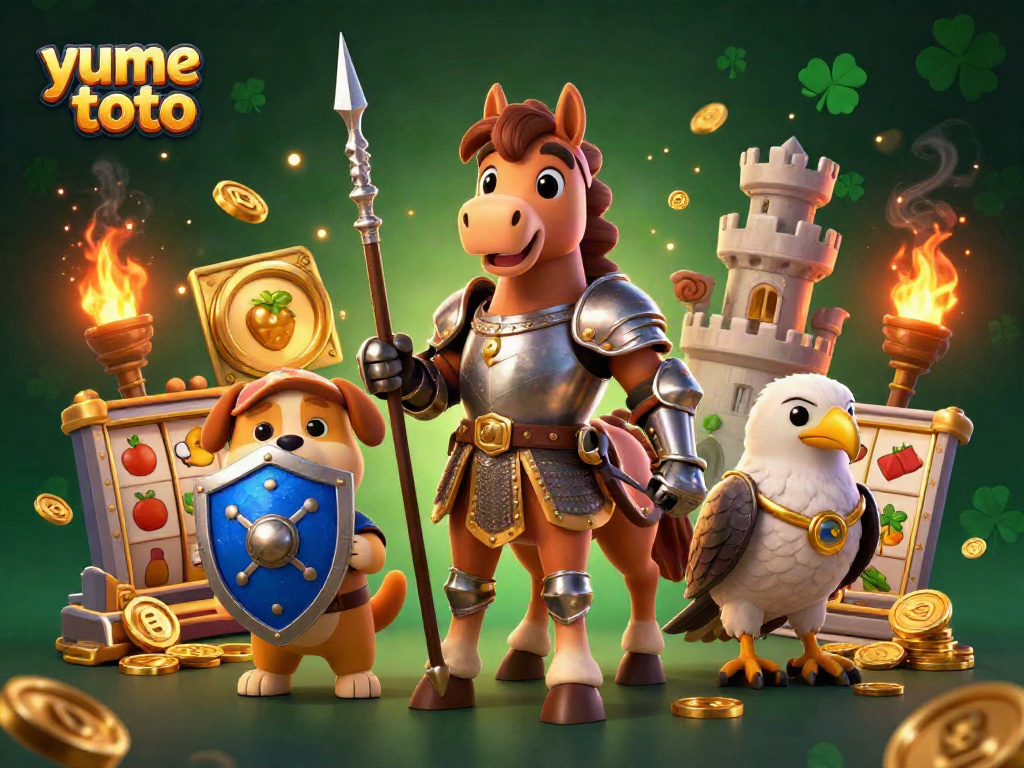 Engage with yume toto's slot adventures featuring knights and vibrant casino elements in a rich, animated scene.